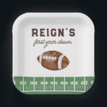 Boy's Football First Year Down 1st Birthday Party Paper Plates<br><div class="desc">Huddle up with your friends and loved ones – it's game time! Rally together for your little guys 1st birthday celebration. This design features a watercolor football and field with fun sporty typography.</div>