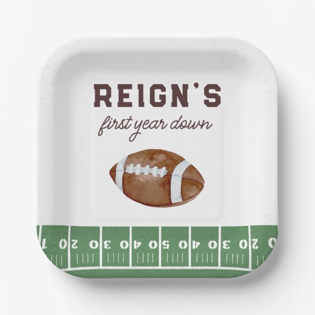 Boy's Football First Year Down 1st Birthday Party Paper Plates (Front)