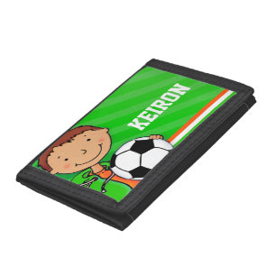 Boys football / soccer green orange name wallet