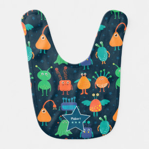 Boys Fun Colorful Alien Pattern on Blue Baby Bib