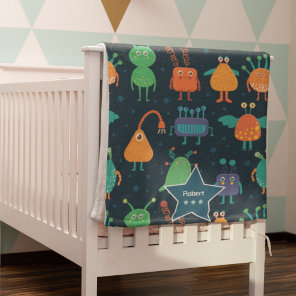 Boys Fun Colorful Alien Pattern on Blue Baby Blanket