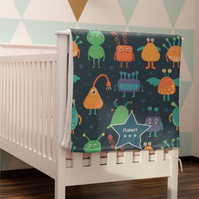 Boys Fun Colorful Alien Pattern on Blue Baby Blanket (Creator Uploaded)