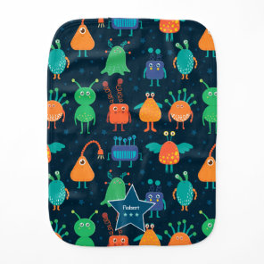 Boys Fun Colorful Alien Pattern on Blue Baby Burp Cloth