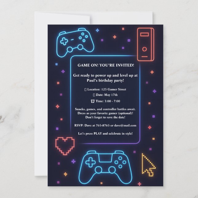 Boys Gamer Arcade Themed Birthday Party Invitation (Front)