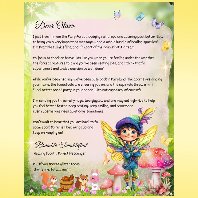 Boys Get Well Soon Fairy Letter – Personalized (Boys Get Well Soon Fairy Letter – Personalized Printed Note from Bramble Twinkleflint)