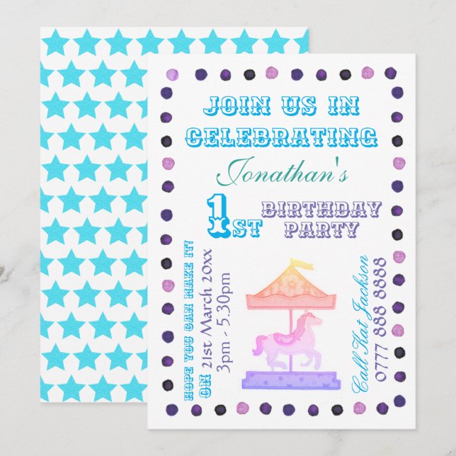 Boys/Girls B'day Party Invitation - Carousel Theme (Front/Back)