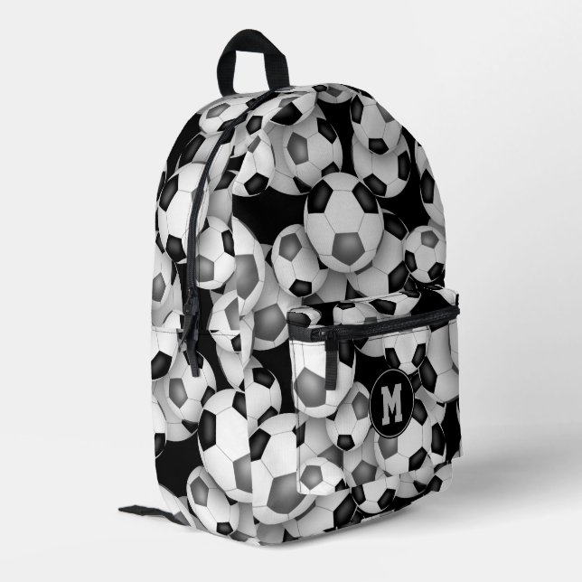 Boys girls black gray soccer balls pattern  printed backpack (Back Corner Left)