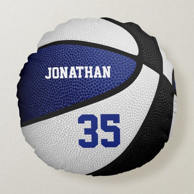 Boys girls blue black personalized basketball round pillow (Front)