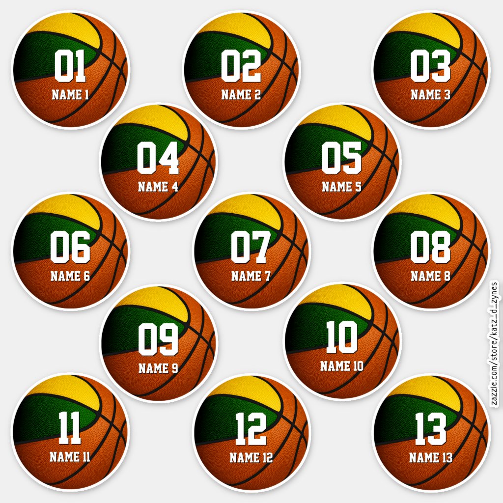 boys girls green gold basketball set of 13 stickers
