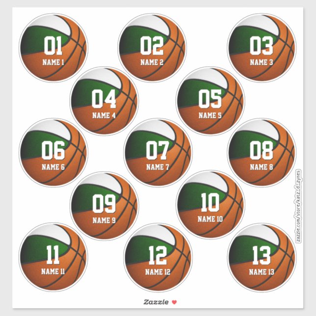 boys girls green white basketball set of 13 sticker (Sheet)