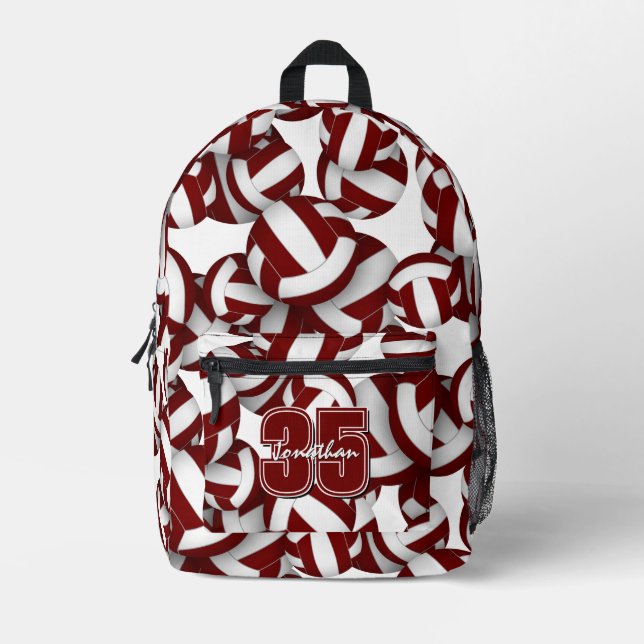 Boys girls maroon white volleyball club colors printed backpack (Front)