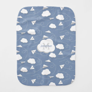 boys girls paper airplanes w clouds monogrammed baby burp cloth