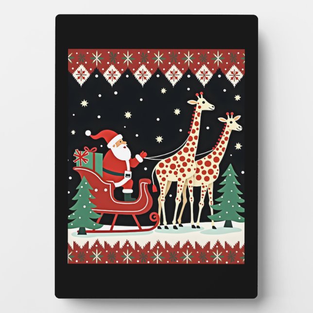 Boys Girls Santa Claus Riding Giraffe Sleigh Ugly  Plaque (Front)