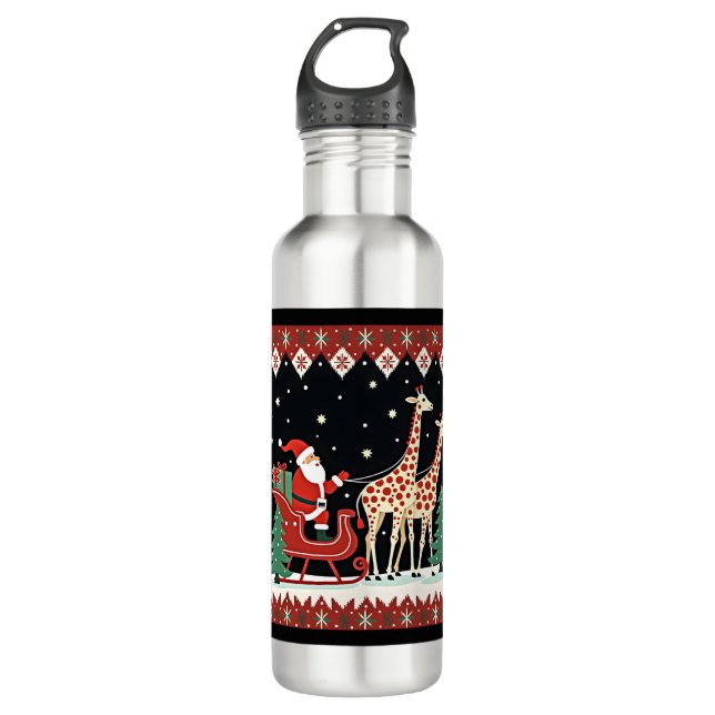 Boys Girls Santa Claus Riding Giraffe Sleigh Ugly  Stainless Steel Water Bottle (Front)