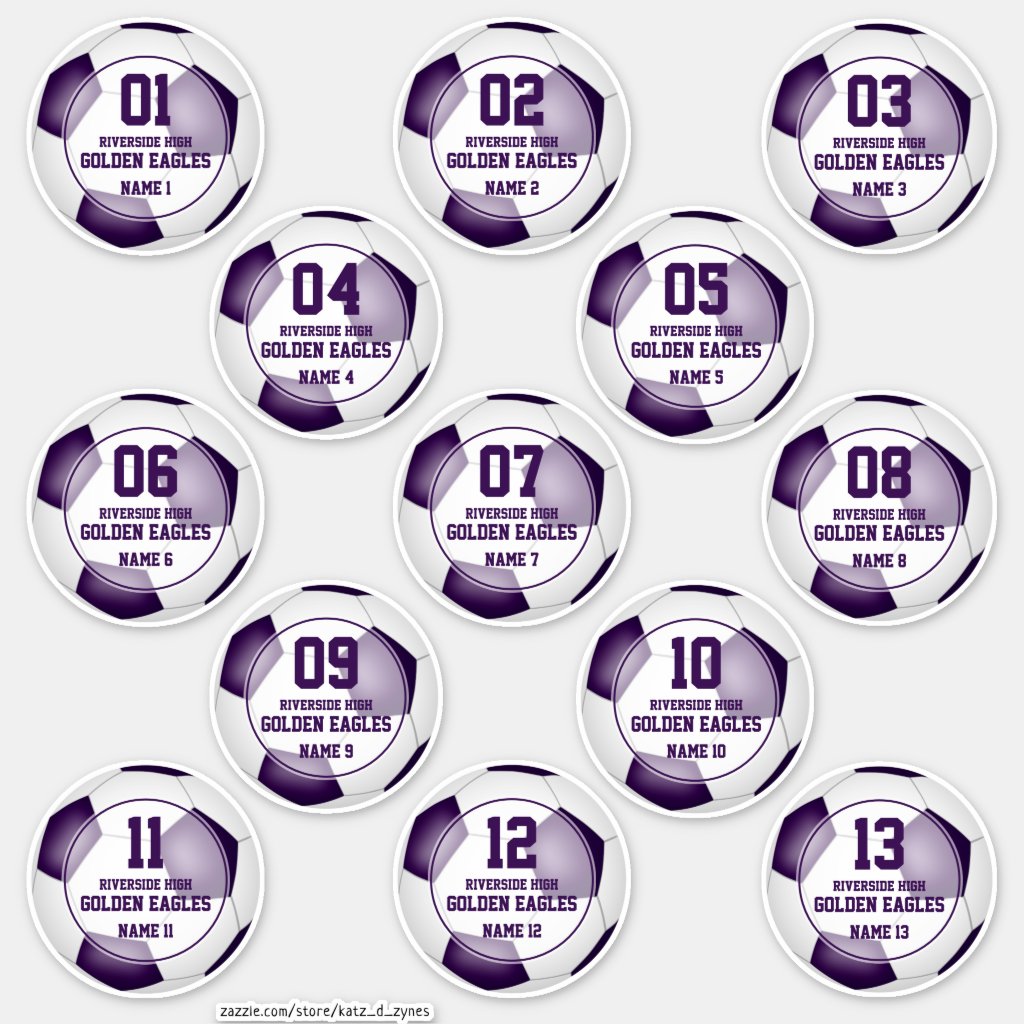 boys girls set of 13 purple white soccer team stickers