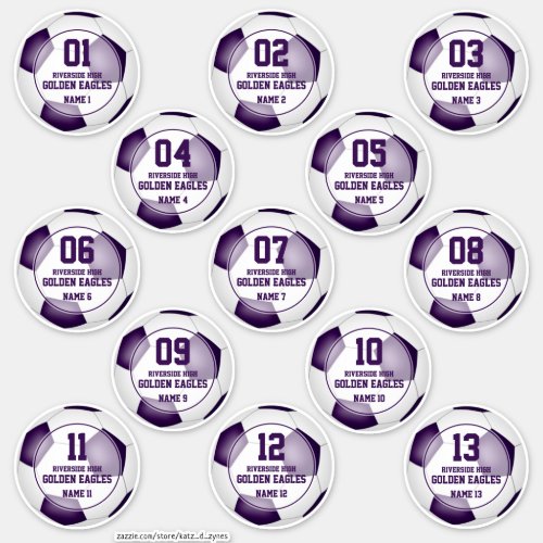boys girls set of 13 purple white soccer team sticker