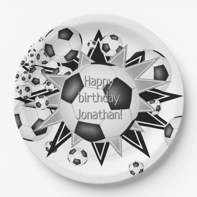 Boys girls soccer balls stars birthday  paper plates (Front)
