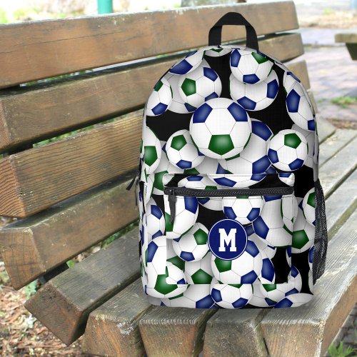 boys girls soccer player blue green team colors printed backpack