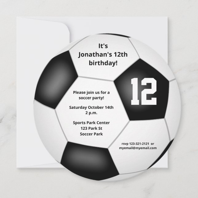 boys girls soccer themed birthday party announcement (Front)