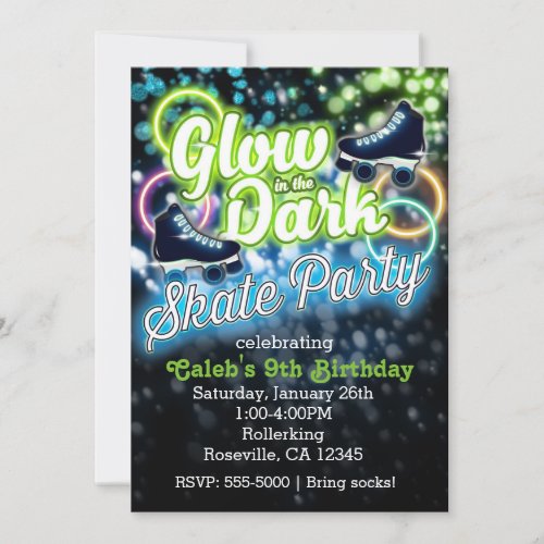 Boys GLOW in dark SKATE PARTY Birthday Invitation