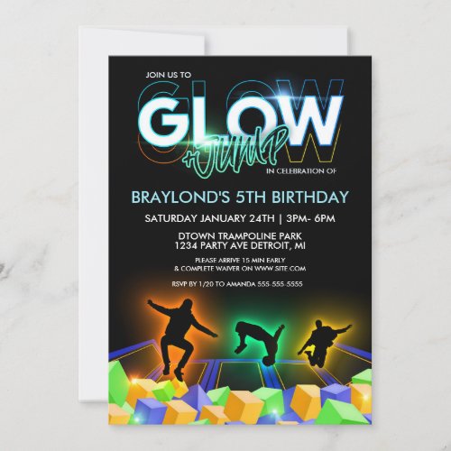 Boys Glow Trampoline Park Party Invitation