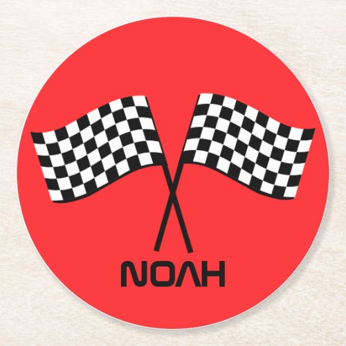 Boys Go Kart Pit Stop Birthday Racing Flags Class Round Paper Coaster