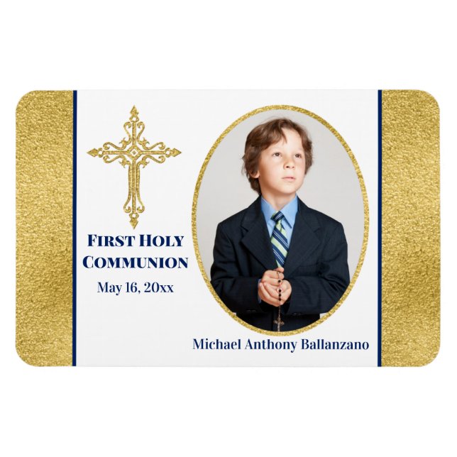 Boys Gold White Navy Holy Communion Photo Magnet (Horizontal)