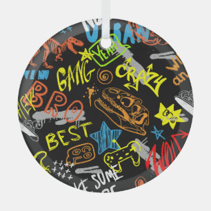 Boys' Graffiti: Hand Drawn Coolness Glass Ornament