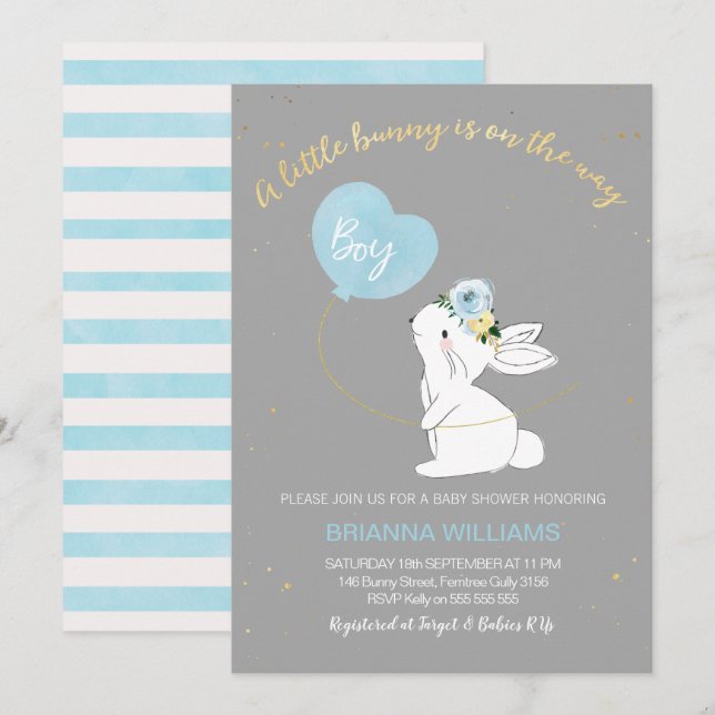 Boys Gray Blue Bunny Baby Shower invitation (Front/Back)