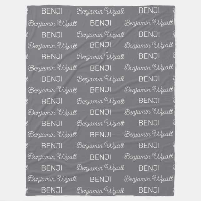 Boys Gray Personalized Script Name Fleece Blanket (Front)