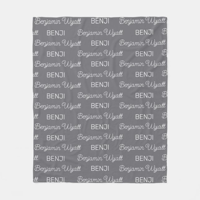 Boys Gray Personalized Script Name Fleece Blanket (Front)