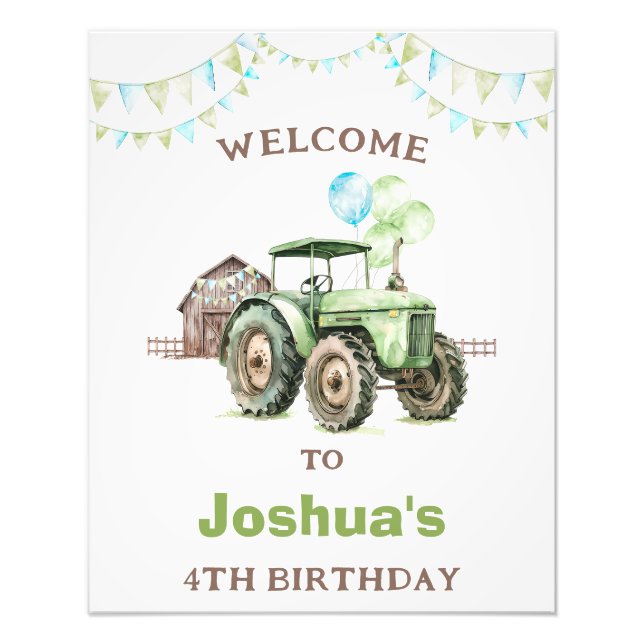 Boys Green Balloons Tractor Birthday Welcome Sign (Front)