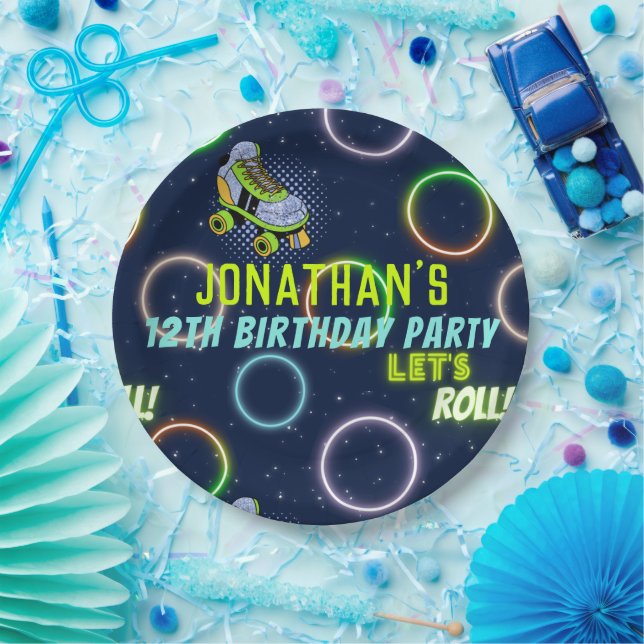 Boys Green Blue Neon Lights Roller Skating Paper Plates (Party)