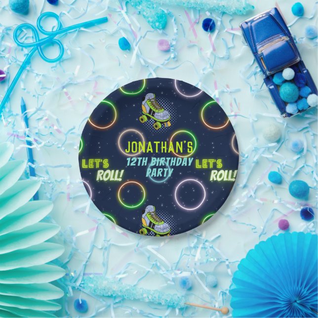 Boys Green Blue Neon Lights Roller Skating Party  Paper Plates (Party)