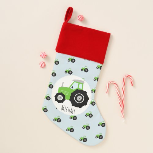Boys Green Farm Tractor Pattern and Name Kids Christmas Stocking