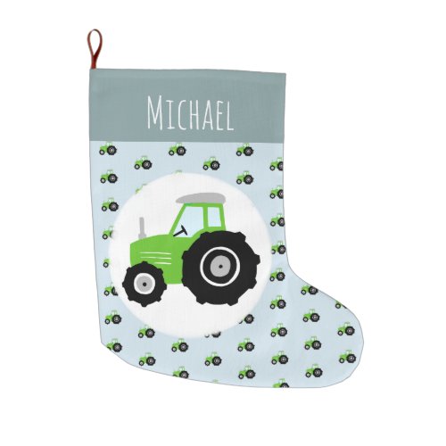 Boys Green Farm Tractor Pattern and Name Kids Large Christmas Stocking