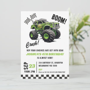 Boys Green Fluorescent Monster Truck Birthday Invitation
