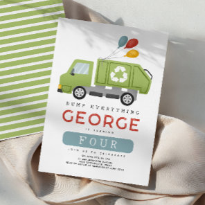 Boys Green Garbage Trash Truck Kids Birthday Invitation