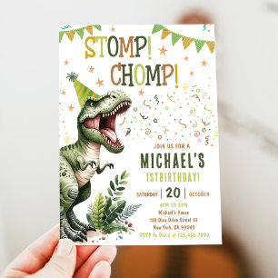 Boys Green Stomp Chomp Roar Dinosaur 1st Birthday Invitation