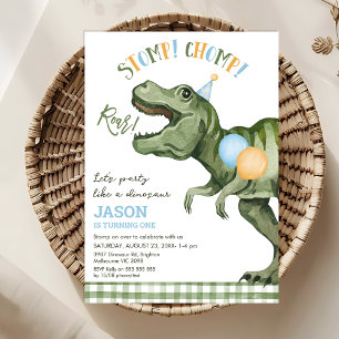 Boys Green Stomp Chomp Roar Dinosaur 1st Birthday Invitation