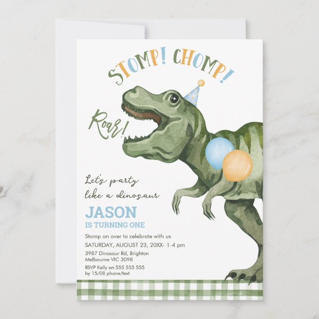 Boys Green Stomp Chomp Roar Dinosaur 1st Birthday Invitation (Front)