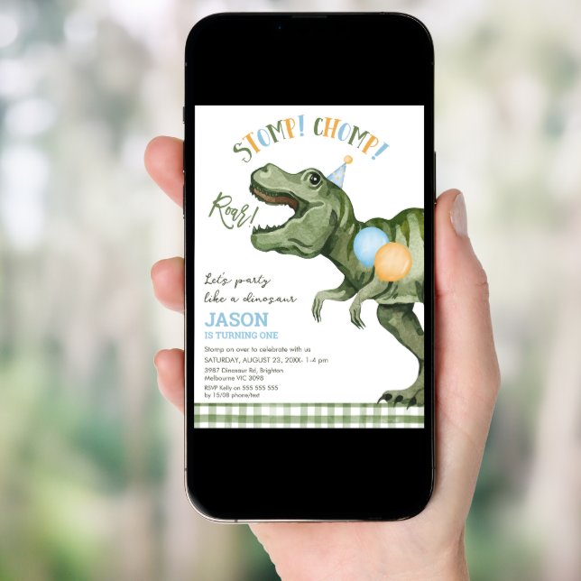 Boys Green Stomp Chomp Roar Dinosaur 1st Birthday Invitation (Front Digital)