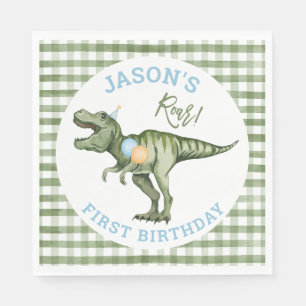 Boys Green Stomp Chomp Roar Dinosaur 1st Birthday Napkins