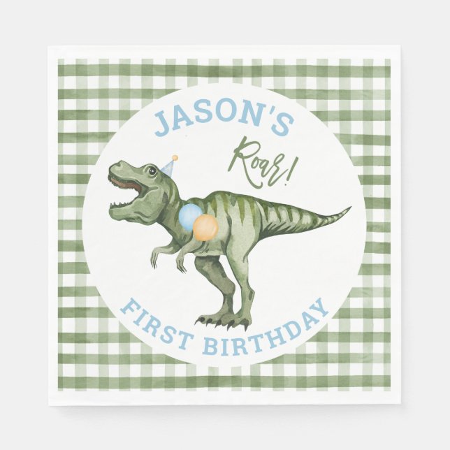 Boys Green Stomp Chomp Roar Dinosaur 1st Birthday Napkins (Front)