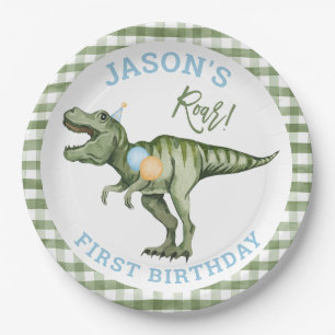 Boys Green Stomp Chomp Roar Dinosaur 1st Birthday Paper Plates