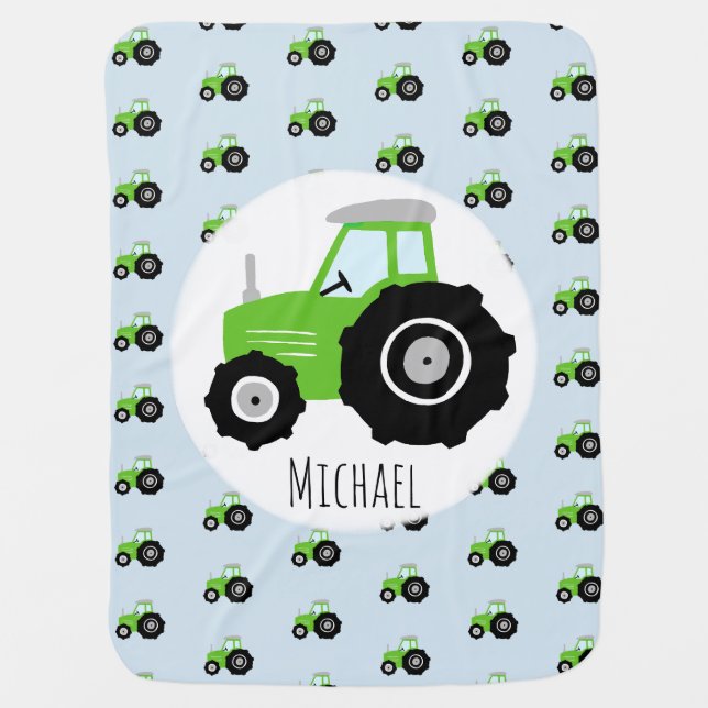 Boy's Green Tractor Pattern and Name Baby Blanket (Front)