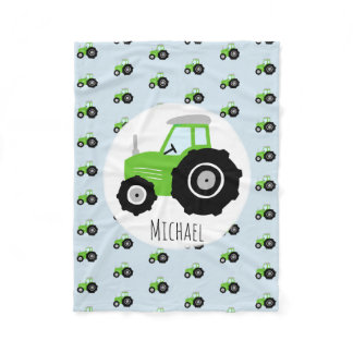 Boy's Green Tractor Pattern and Name Children's Fleece Blanket