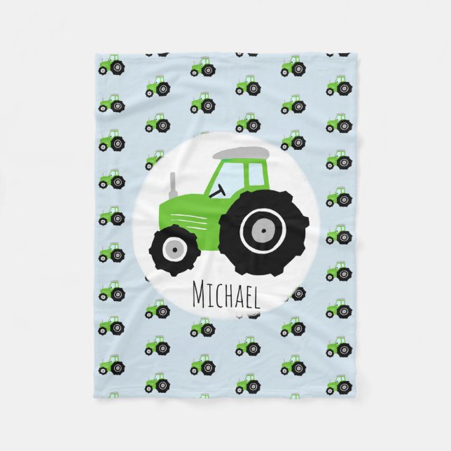 Boy's Green Tractor Pattern and Name Children's Fleece Blanket (Front)