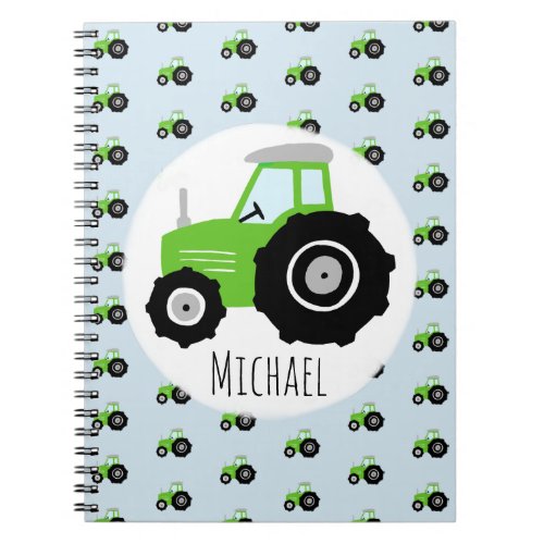 Boys Green Tractor Pattern and Name Kids School Notebook
