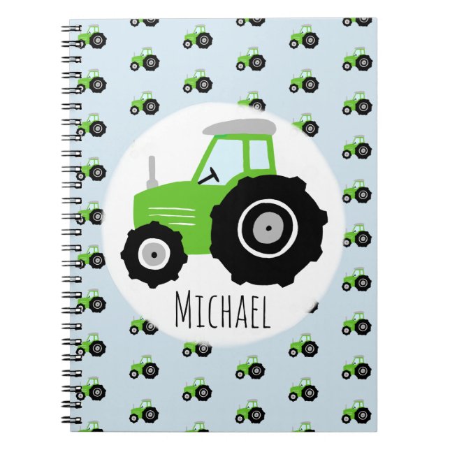 Boy's Green Tractor Pattern and Name Kids School Notebook (Front)